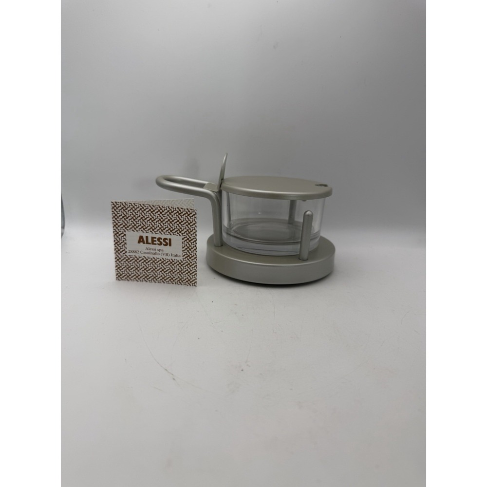 Alessi Italy Modern Glass Sugar Bowl Candy Dish w/ Colored Steel Lid & Holder